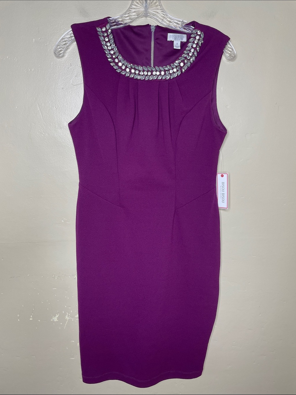BISOU BISOU Purple Sleeveless Mob Wife Rhinestone Neck Sheath Dress NWT 8